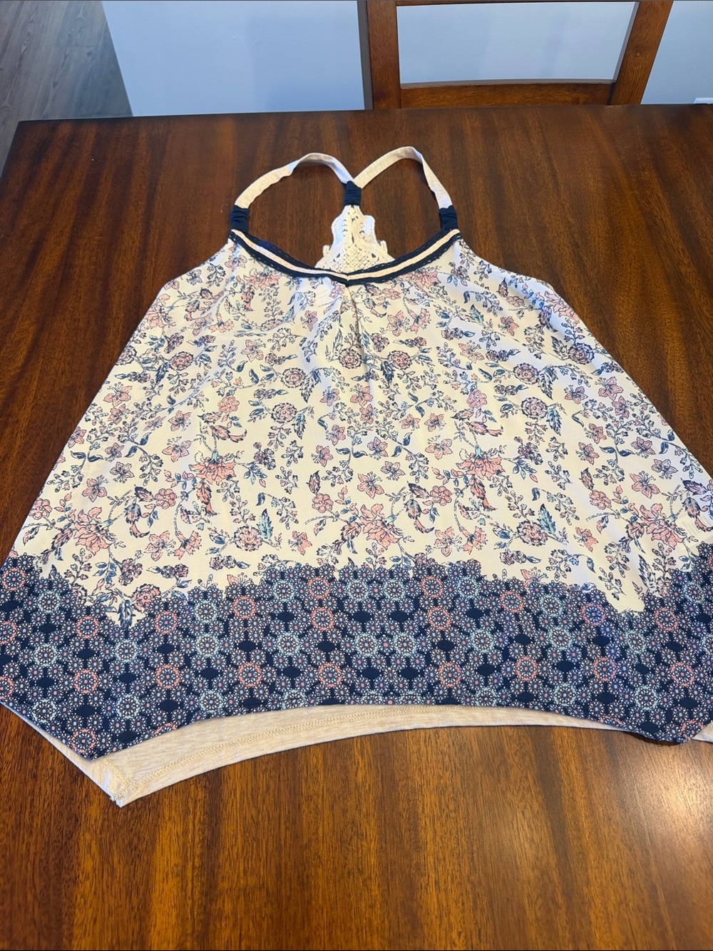 Maurices Cream Tank Top with Navy and Pink Floral Border